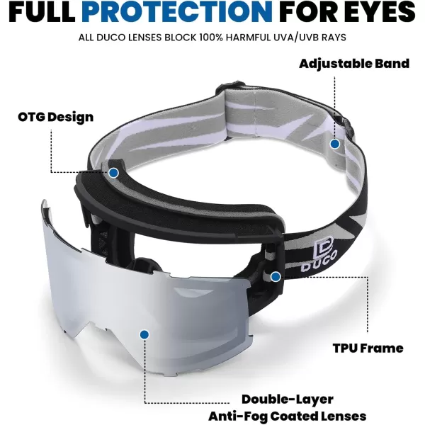 DUCO OTG Ski Goggles Over Glasses SkiSnowboard Goggles for Men Women UV400 Protection AntiFog Skiing Snow Goggles DCS003Black Silver