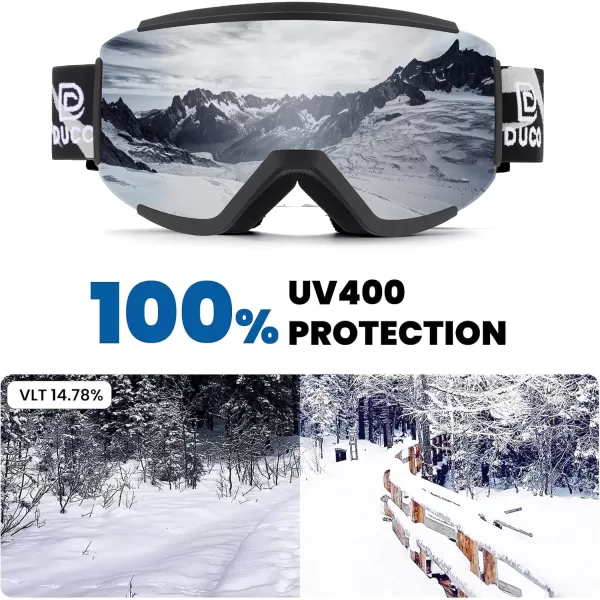 DUCO OTG Ski Goggles Over Glasses SkiSnowboard Goggles for Men Women UV400 Protection AntiFog Skiing Snow Goggles DCS003Black Silver