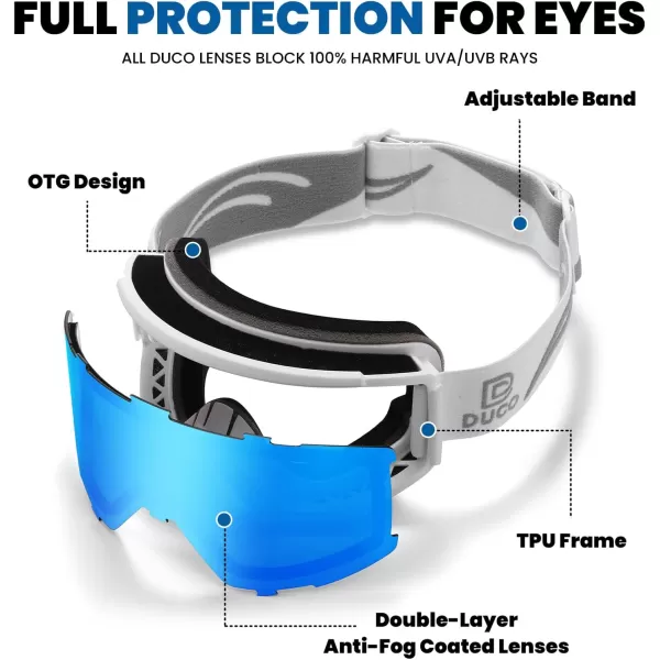 DUCO OTG Ski Goggles Over Glasses SkiSnowboard Goggles for Men Women UV400 Protection AntiFog Skiing Snow Goggles DCS003White Blue