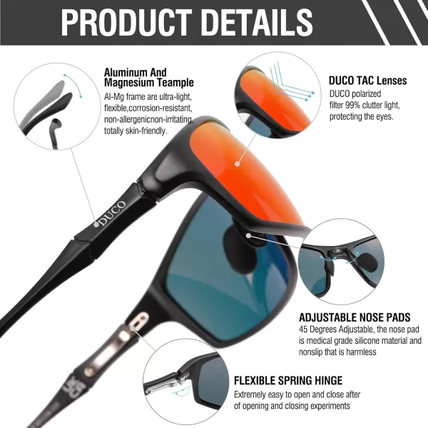 DUCO Polarized Sunglasses for Men 100 UV400 Protection Metal Frame Driving Mens Sun GlassesBlack Frame Orange Lens