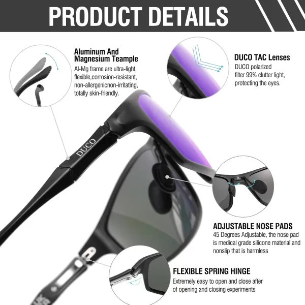 DUCO Polarized Sunglasses for Men 100 UV400 Protection Metal Frame Driving Mens Sun GlassesBlack Frame Purple Lens