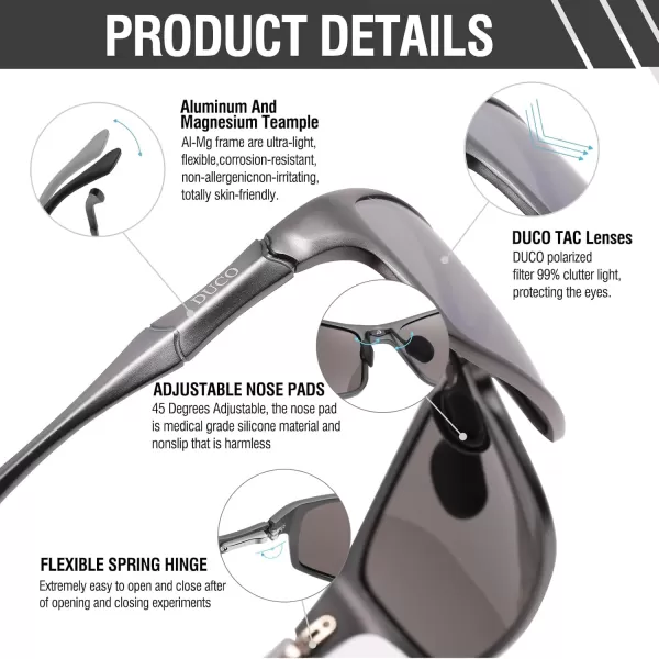 DUCO Polarized Sunglasses for Men 100 UV400 Protection Metal Frame Driving Mens Sun GlassesGunmetal Frame Silver Lens