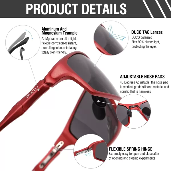 DUCO Polarized Sunglasses for Men 100 UV400 Protection Metal Frame Driving Mens Sun GlassesRed Frame Gray Lens