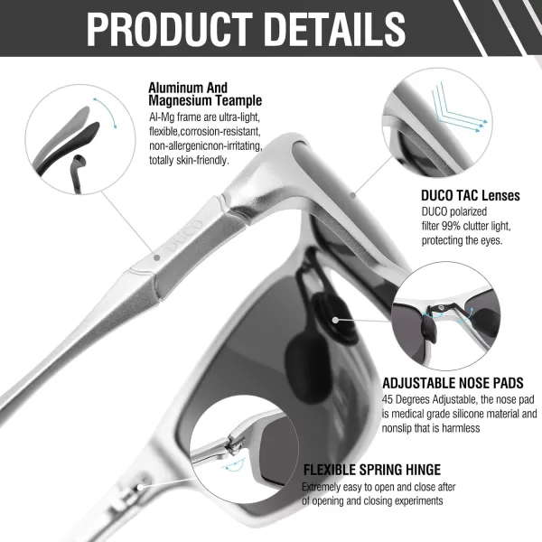 DUCO Polarized Sunglasses for Men 100 UV400 Protection Metal Frame Driving Mens Sun GlassesSilver Frame Gray Lens