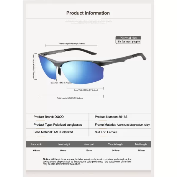 DUCO Polarized Unbreakable Sunglasses 100 UV400 Protection Eyewear Sunglasses for Men and Women Shades 8513S Gunmetal Frame Revo Blue Lens