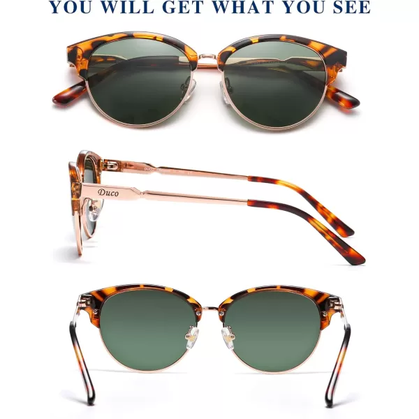 DUCO Retro Polarized Sunglasses for Women Semi Rimless Sun Glasses for Small Face Vintage Half Frame Shades 1221Brown Tortoise Frame Green Lens