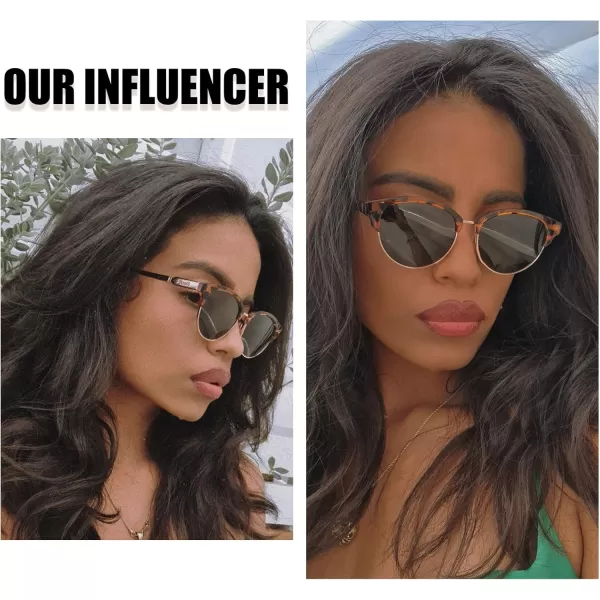 DUCO Retro Polarized Sunglasses for Women Semi Rimless Sun Glasses for Small Face Vintage Half Frame Shades 1221Brown Tortoise Frame Green Lens