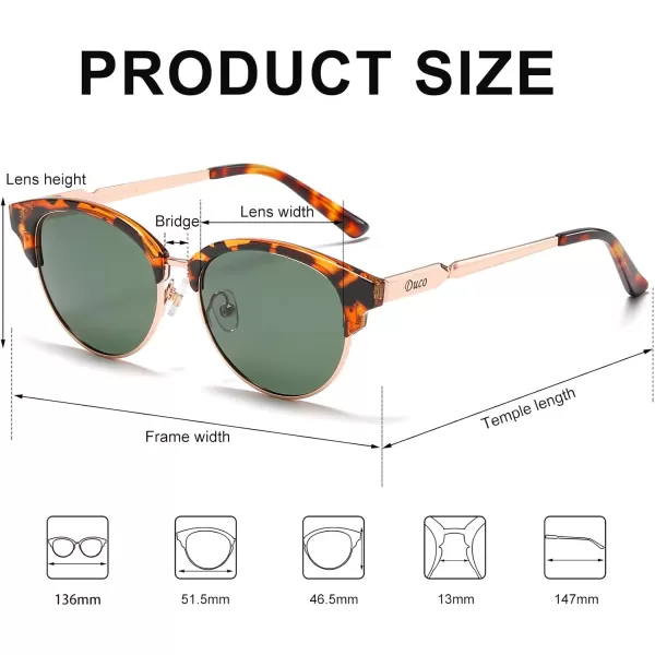 DUCO Retro Polarized Sunglasses for Women Semi Rimless Sun Glasses for Small Face Vintage Half Frame Shades 1221Brown Tortoise Frame Green Lens