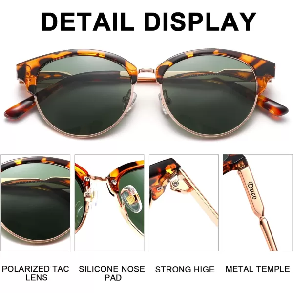 DUCO Retro Polarized Sunglasses for Women Semi Rimless Sun Glasses for Small Face Vintage Half Frame Shades 1221Brown Tortoise Frame Green Lens