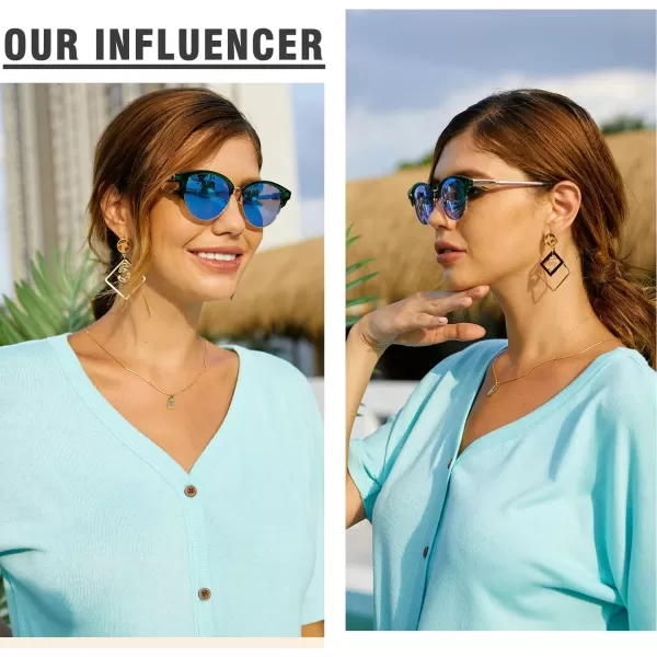 DUCO Retro Polarized Sunglasses for Women Semi Rimless Sun Glasses for Small Face Vintage Half Frame Shades 1221Green Frame Blue Lens