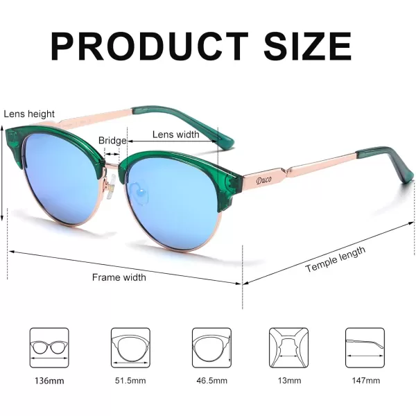 DUCO Retro Polarized Sunglasses for Women Semi Rimless Sun Glasses for Small Face Vintage Half Frame Shades 1221Green Frame Blue Lens