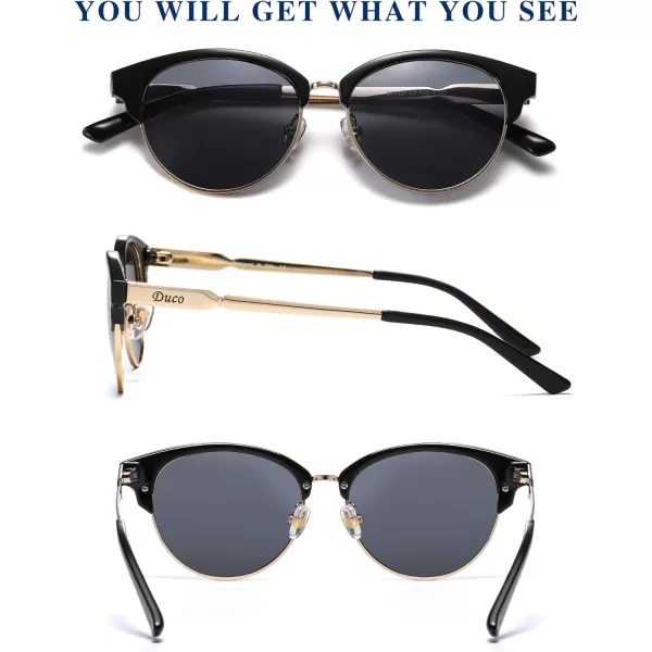 DUCO Retro Polarized Sunglasses for Women Semi Rimless Sun Glasses for Small Face Vintage Half Frame Shades 1221Shine Black Frame Grey Lens