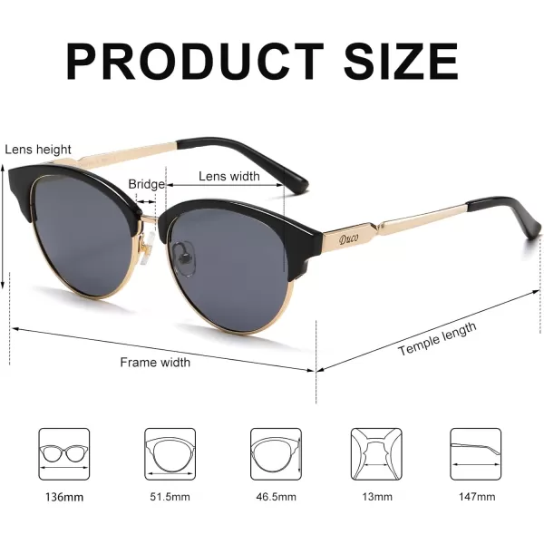 DUCO Retro Polarized Sunglasses for Women Semi Rimless Sun Glasses for Small Face Vintage Half Frame Shades 1221Shine Black Frame Grey Lens