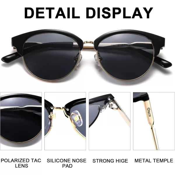 DUCO Retro Polarized Sunglasses for Women Semi Rimless Sun Glasses for Small Face Vintage Half Frame Shades 1221Shine Black Frame Grey Lens