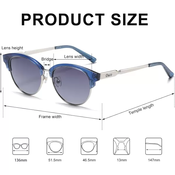 DUCO Retro Polarized Sunglasses for Women Semi Rimless Sun Glasses for Small Face Vintage Half Frame Shades 1221Transparent Blue Frame Grey Lens