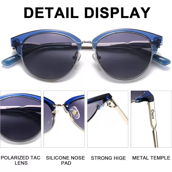 DUCO Retro Polarized Sunglasses for Women Semi Rimless Sun Glasses for Small Face Vintage Half Frame Shades 1221Transparent Blue Frame Grey Lens