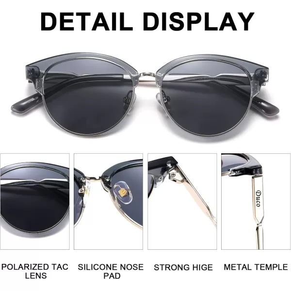 DUCO Retro Polarized Sunglasses for Women Semi Rimless Sun Glasses for Small Face Vintage Half Frame Shades 1221Transparent Grey Frame Grey Lens