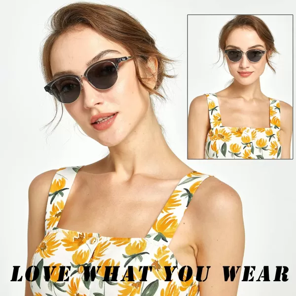 DUCO Retro Polarized Sunglasses for Women Semi Rimless Sun Glasses for Small Face Vintage Half Frame Shades 1221Transparent Grey Frame Grey Lens