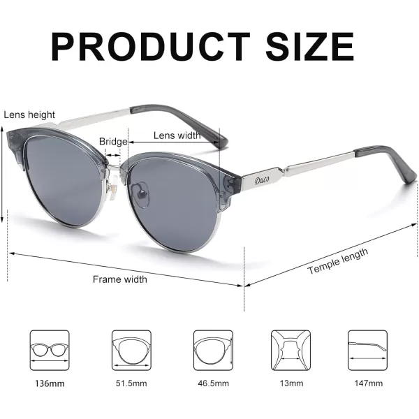 DUCO Retro Polarized Sunglasses for Women Semi Rimless Sun Glasses for Small Face Vintage Half Frame Shades 1221Transparent Grey Frame Grey Lens