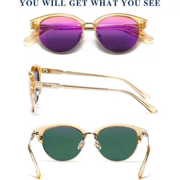 DUCO Retro Polarized Sunglasses for Women Semi Rimless Sun Glasses for Small Face Vintage Half Frame Shades 1221Yellow Frame Purple Lens