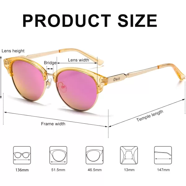 DUCO Retro Polarized Sunglasses for Women Semi Rimless Sun Glasses for Small Face Vintage Half Frame Shades 1221Yellow Frame Purple Lens
