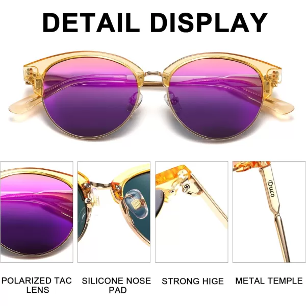DUCO Retro Polarized Sunglasses for Women Semi Rimless Sun Glasses for Small Face Vintage Half Frame Shades 1221Yellow Frame Purple Lens