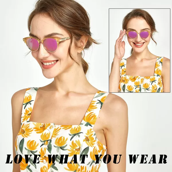 DUCO Retro Polarized Sunglasses for Women Semi Rimless Sun Glasses for Small Face Vintage Half Frame Shades 1221Yellow Frame Purple Lens