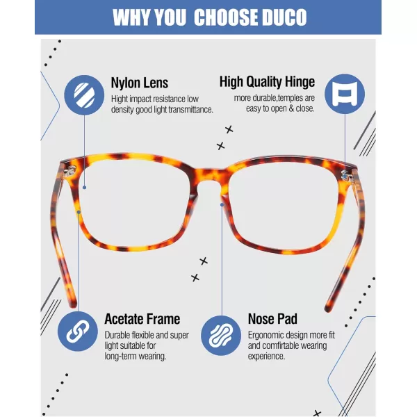 DUCO Retro Square Blue Light Glasses For Men Blue Ray Blocking Glasses Computer Gaming Glasses Nylon Lens Acetate Frame Green 8302Brown Tortoise