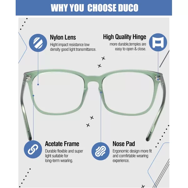 DUCO Retro Square Blue Light Glasses For Men Blue Ray Blocking Glasses Computer Gaming Glasses Nylon Lens Acetate Frame Green 8302Green