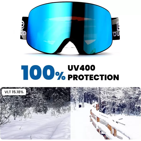 DUCO Ski Goggles Snowboard for Men WomenOTG Lightweight Winter Snowmobile Snow Goggles AntiFog 100 UV Protection DCS001Black Frame Revo Bluesilver Lens