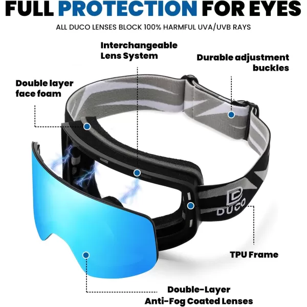 DUCO Ski Goggles Snowboard for Men WomenOTG Lightweight Winter Snowmobile Snow Goggles AntiFog 100 UV Protection DCS001Black Frame Revo Bluesilver Lens