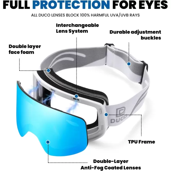 DUCO Ski Goggles Snowboard for Men WomenOTG Lightweight Winter Snowmobile Snow Goggles AntiFog 100 UV Protection DCS001White Frame Revo Blue Lens