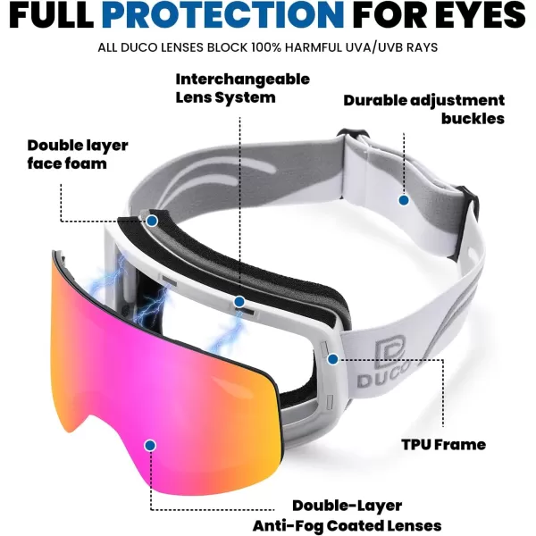 DUCO Ski Goggles Snowboard for Men WomenOTG Lightweight Winter Snowmobile Snow Goggles AntiFog 100 UV Protection DCS001White Frame Revo Pink Lens