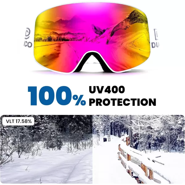 DUCO Ski Goggles Snowboard for Men WomenOTG Lightweight Winter Snowmobile Snow Goggles AntiFog 100 UV Protection DCS001White Frame Revo Pink Lens