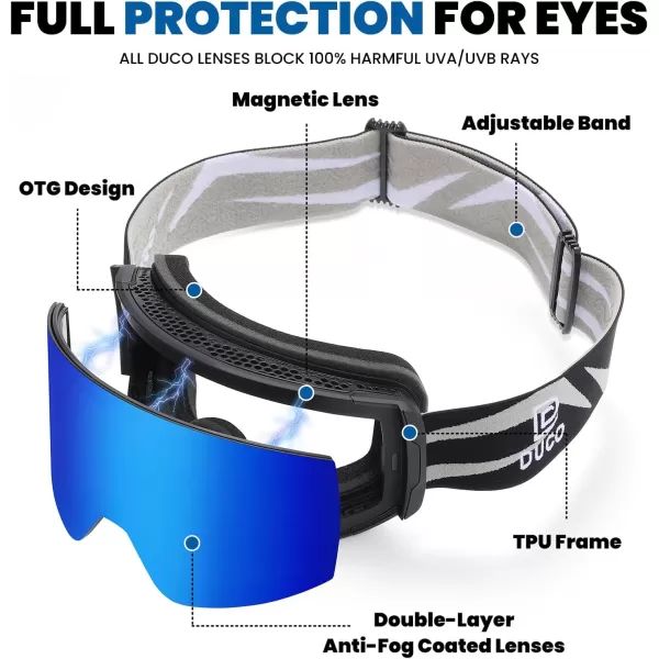 DUCO Ski Goggles with Magnetic Lens for Snowboard AntiFog UV400 Protection Over Glasses OTG Snow Sports Goggles DCS002Black Frame Revo Blue Lens