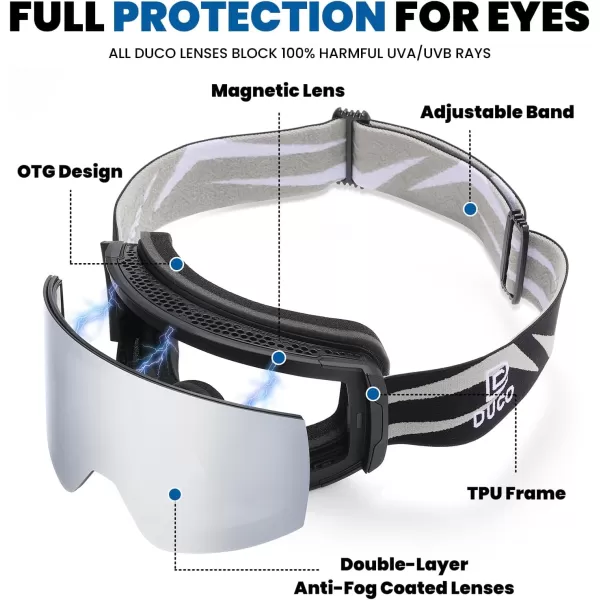 DUCO Ski Goggles with Magnetic Lens for Snowboard AntiFog UV400 Protection Over Glasses OTG Snow Sports Goggles DCS002Black Frame Silver Lens