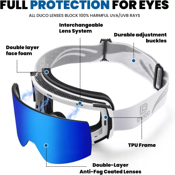 DUCO Ski Goggles with Magnetic Lens for Snowboard AntiFog UV400 Protection Over Glasses OTG Snow Sports Goggles DCS002White Frame Revo Bluerevo Red Lens