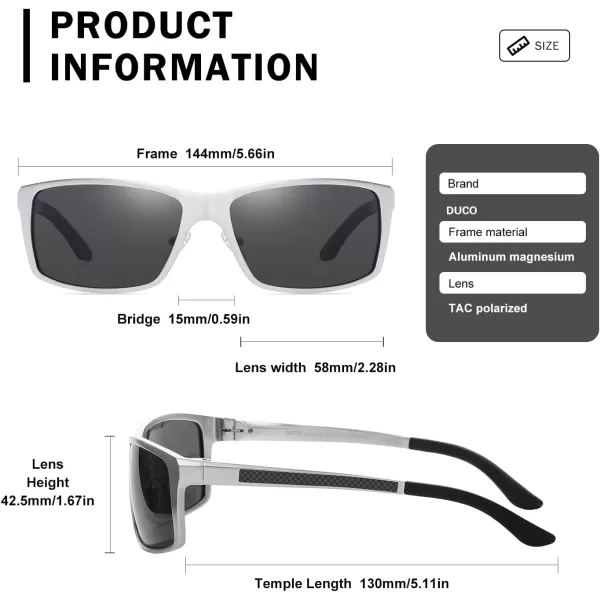 DUCO Sunglasses Men Polarized Sports Sunglasses for Driving Golfing Fishing Shades UV400 Protection 8202Silver Frame Grey Lens