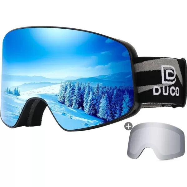 DUCO Ski Goggles Snowboard for Men WomenOTG Lightweight Winter Snowmobile Snow Goggles AntiFog 100 UV Protection DCS001Black Frame Revo Bluesilver Lens