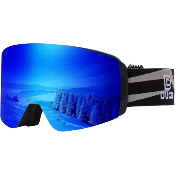 DUCO Ski Goggles with Magnetic Lens for Snowboard AntiFog UV400 Protection Over Glasses OTG Snow Sports Goggles DCS002Black Frame Revo Blue Lens