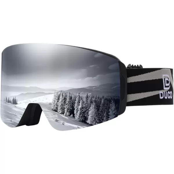 DUCO Ski Goggles with Magnetic Lens for Snowboard AntiFog UV400 Protection Over Glasses OTG Snow Sports Goggles DCS002Black Frame Silver Lens