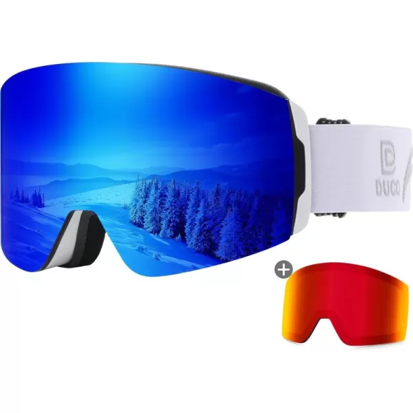 DUCO Ski Goggles with Magnetic Lens for Snowboard AntiFog UV400 Protection Over Glasses OTG Snow Sports Goggles DCS002White Frame Revo Bluerevo Red Lens