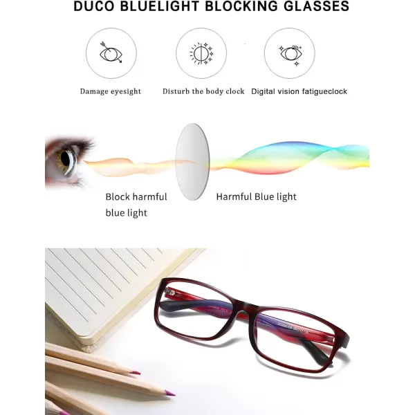 DUCO Blue Light Blocking Computer Reading and Gaming Eyewear GlassesAnti Blue Light 100 UV Protection DC223Wine Red