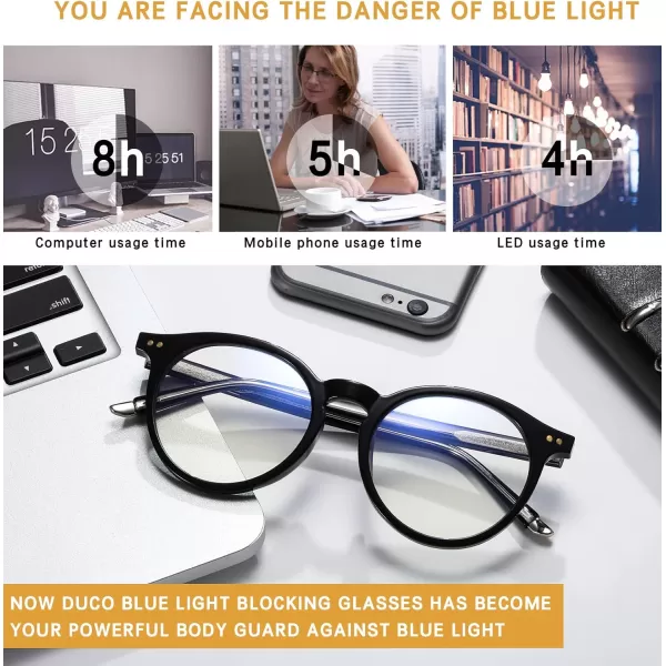 DUCO Blue Light Glasses for Men Women Blue Ray Blocking Glasses Computer Gaming Glasses Retro Round Eyeglasses Frame 5217Black