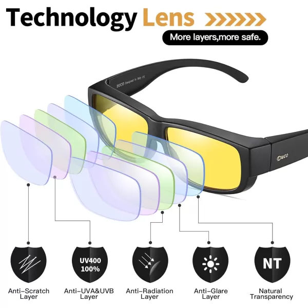 DUCO Fit Over Glasses Unisex Wraparound Polarized Sunglasses for Men Women Anti Glare Wear Over Glasses 8956Black Frame Night Vision Lens