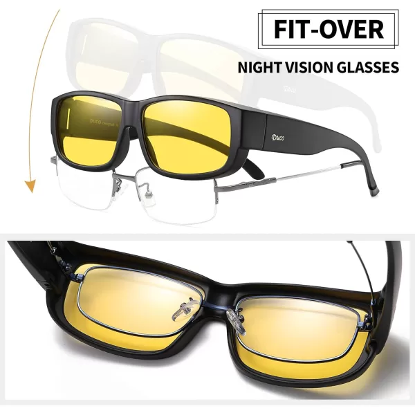 DUCO Fit Over Glasses Unisex Wraparound Polarized Sunglasses for Men Women Anti Glare Wear Over Glasses 8956Black Frame Night Vision Lens