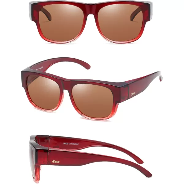 DUCO Fit Over Glasses Unisex Wraparound Polarized Sunglasses for Men Women Anti Glare Wear Over Glasses 8956Plus Wine Red Frame Brown Lens