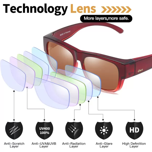 DUCO Fit Over Glasses Unisex Wraparound Polarized Sunglasses for Men Women Anti Glare Wear Over Glasses 8956Plus Wine Red Frame Brown Lens