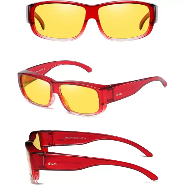 DUCO Fit Over Glasses Unisex Wraparound Polarized Sunglasses for Men Women Anti Glare Wear Over Glasses 8956Wine Red Frame Night Vision Lens