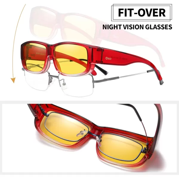 DUCO Fit Over Glasses Unisex Wraparound Polarized Sunglasses for Men Women Anti Glare Wear Over Glasses 8956Wine Red Frame Night Vision Lens